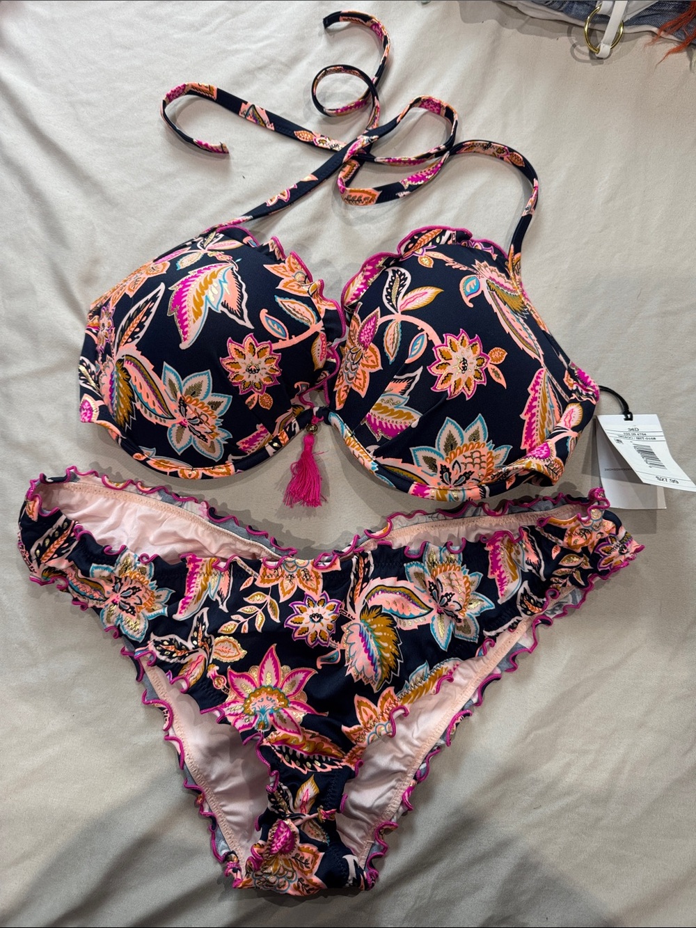Shade & Shore Navy Floral Molded Bikini Top with Pink & Orange Accents
